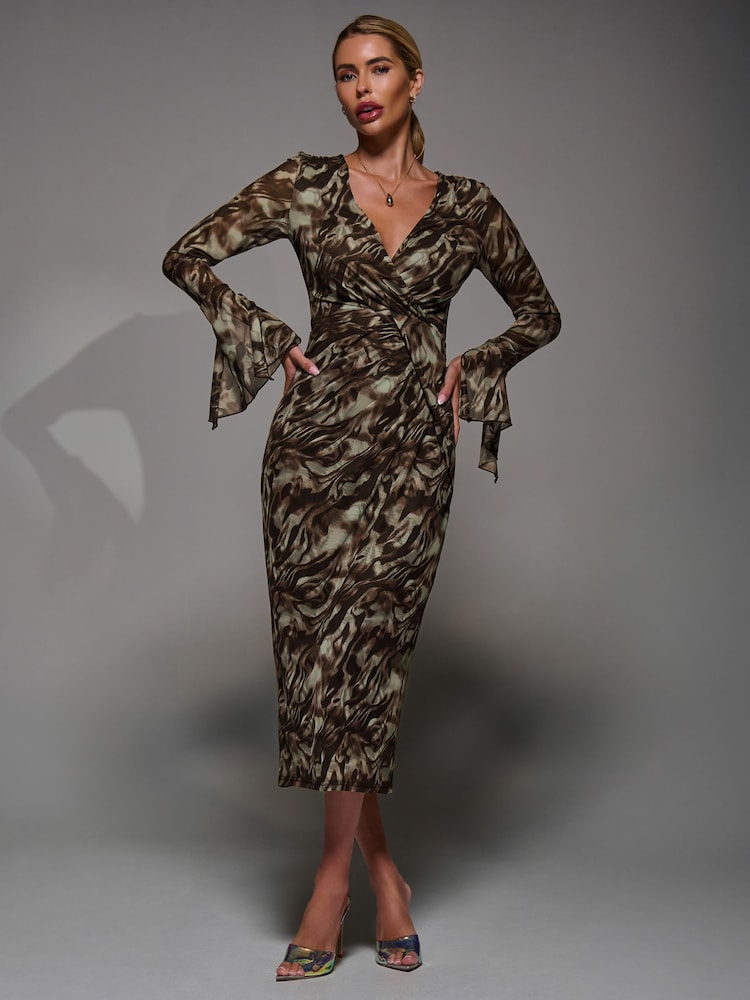 Jolie Moi Brown Long Sleeve Mesh Bodycon Dress - Image 1 of 6