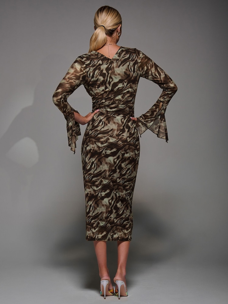 Jolie Moi Brown Long Sleeve Mesh Bodycon Dress - Image 2 of 6