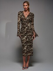 Jolie Moi Brown Long Sleeve Mesh Bodycon Dress - Image 4 of 6