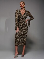 Jolie Moi Brown Long Sleeve Mesh Bodycon Dress - Image 5 of 6