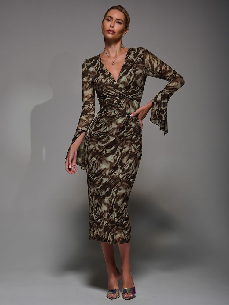 Jolie Moi Brown Long Sleeve Mesh Bodycon Dress - Image 6 of 6