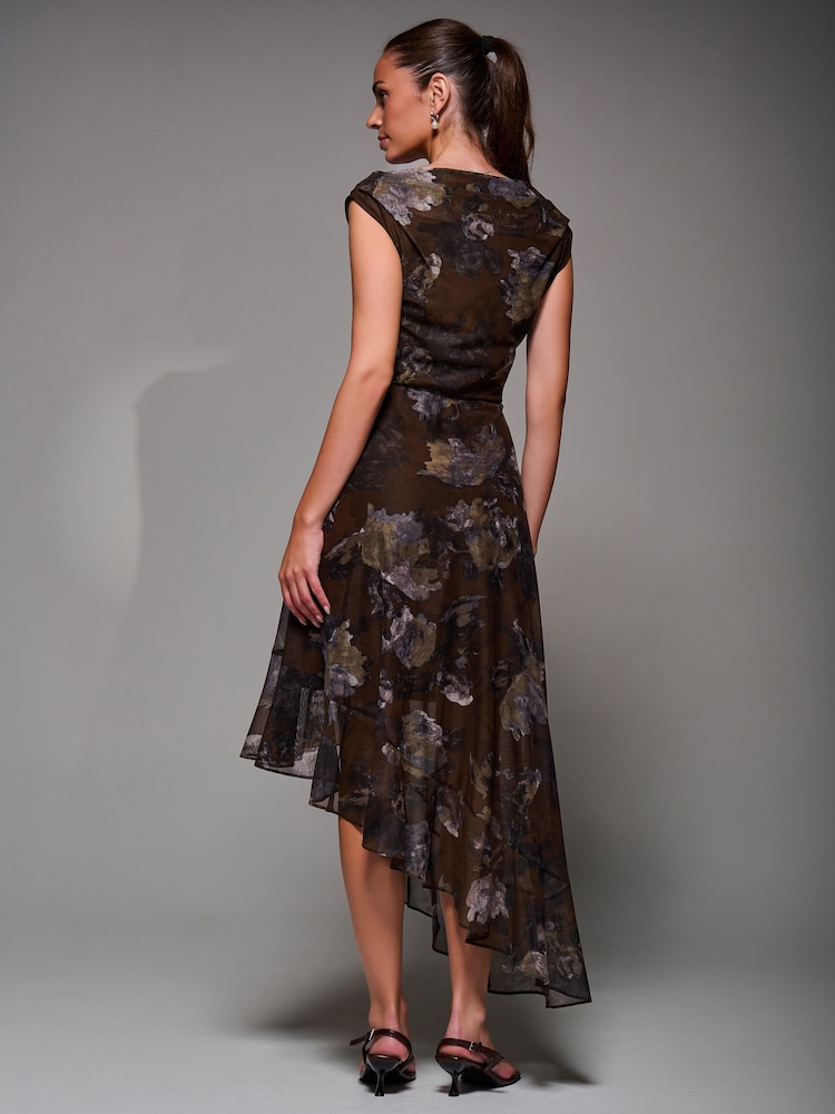 Jolie Moi Brown Asymmetrical Draped Mesh Midaxi Dress - Image 2 of 6 Jolie Moi Brown Asymmetrical Draped Mesh Midaxi Dress - Image 2 of 6