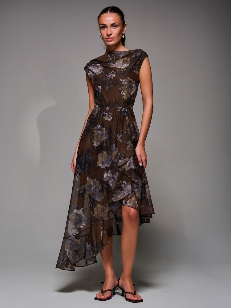 Jolie Moi Brown Asymmetrical Draped Mesh Midaxi Dress - Image 6 of 6