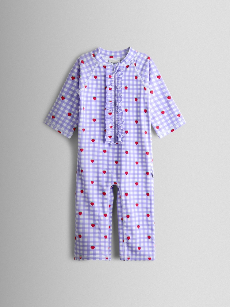 JoJo Maman Bébé Lilac Gingham Strawberry Sunsafe Suit - Image 1 of 3