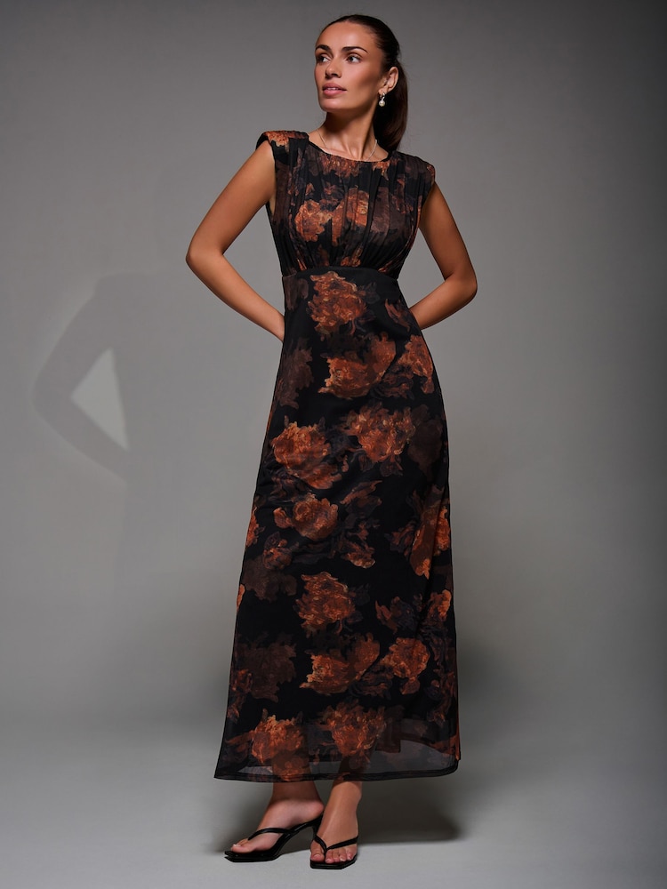 Jolie Moi Black Slash Neck Fit and Flare Mesh Maxi Dress - Image 1 of 6