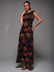 Jolie Moi Black Slash Neck Fit and Flare Mesh Maxi Dress - Image 4 of 6