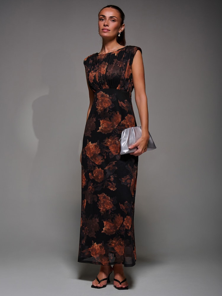 Jolie Moi Black Slash Neck Fit and Flare Mesh Maxi Dress - Image 6 of 6