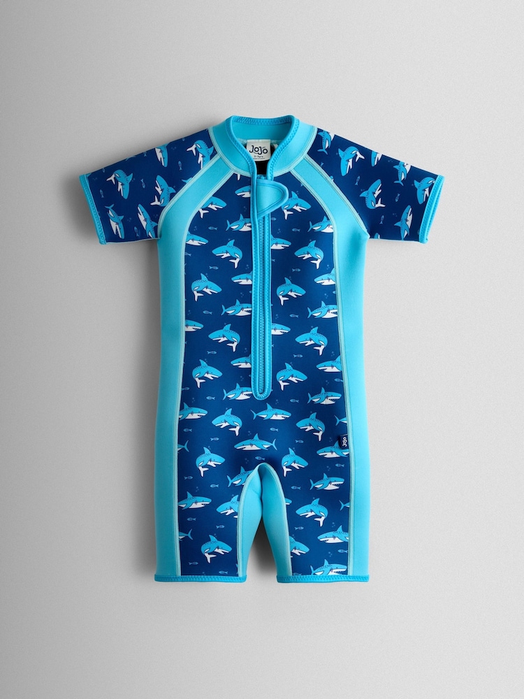 JoJo Maman Bébé Blue Shark Print Junior Wetsuit - Image 1 of 4 JoJo Maman Bébé Blue Shark Print Junior Wetsuit - Image 1 of 4