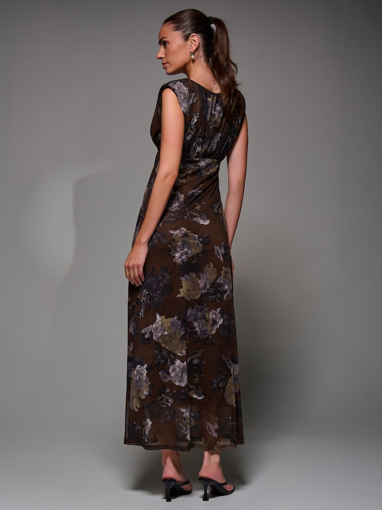 Jolie Moi Brown Slash Neck Fit and Flare Mesh Maxi Dress - Image 2 of 6