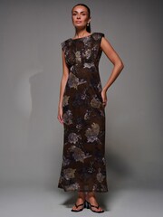 Jolie Moi Brown Slash Neck Fit and Flare Mesh Maxi Dress - Image 4 of 6