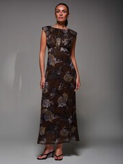 Jolie Moi Brown Slash Neck Fit and Flare Mesh Maxi Dress - Image 5 of 6