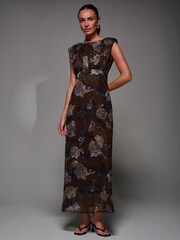 Jolie Moi Brown Slash Neck Fit and Flare Mesh Maxi Dress - Image 6 of 6