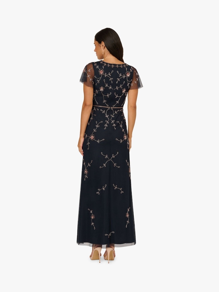 Adrianna Papell Blue Studio Bead V-Neck Long Dress - Image 2 of 6 Adrianna Papell Blue Studio Bead V-Neck Long Dress - Image 2 of 6