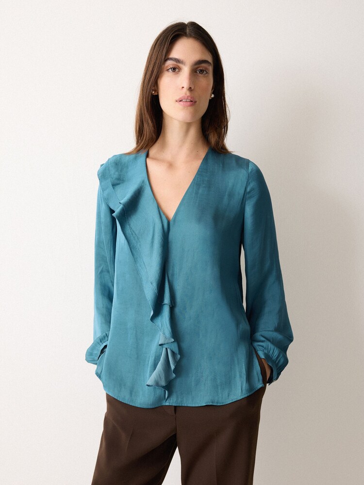 Jigsaw Blue Satin Frill Blouse - Image 1 of 5 Jigsaw Blue Satin Frill Blouse - Image 1 of 5