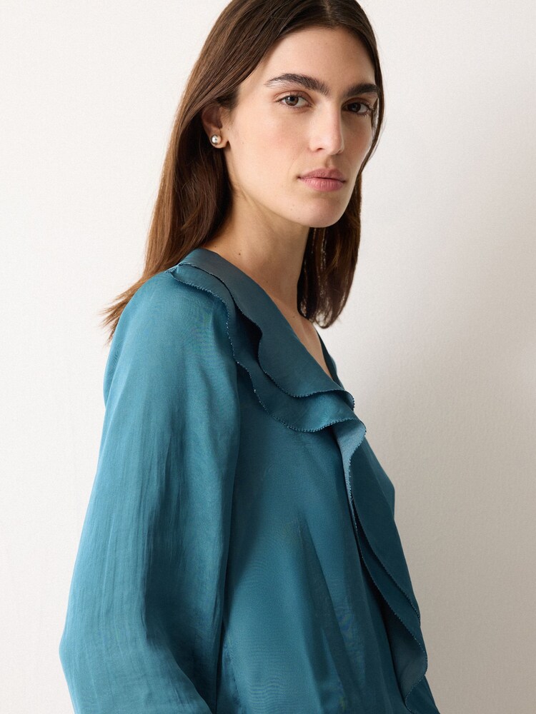 Jigsaw Blue Satin Frill Blouse - Image 2 of 5 Jigsaw Blue Satin Frill Blouse - Image 2 of 5