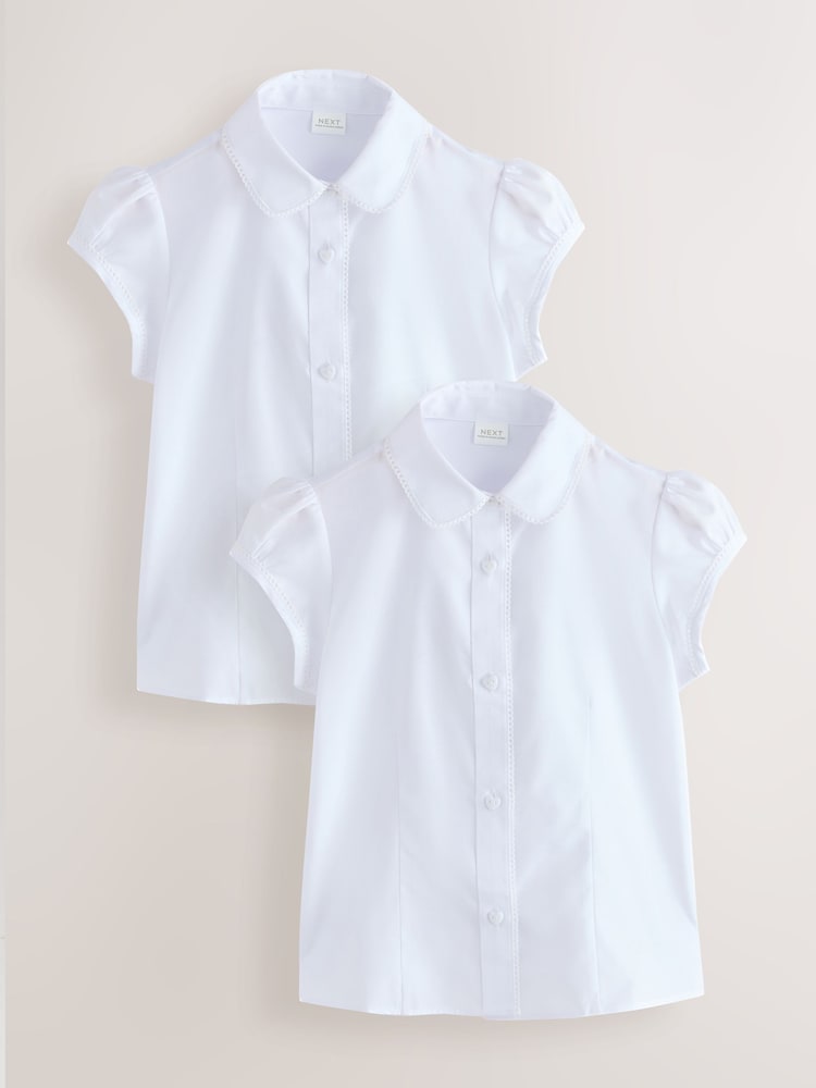 White Girls' Short Sleeve Lace Edge Collar School Shirts 2 Pack (3-14yrs) - Image 1 of 11 White Girls' Short Sleeve Lace Edge Collar School Shirts 2 Pack (3-14yrs) - Image 1 of 11