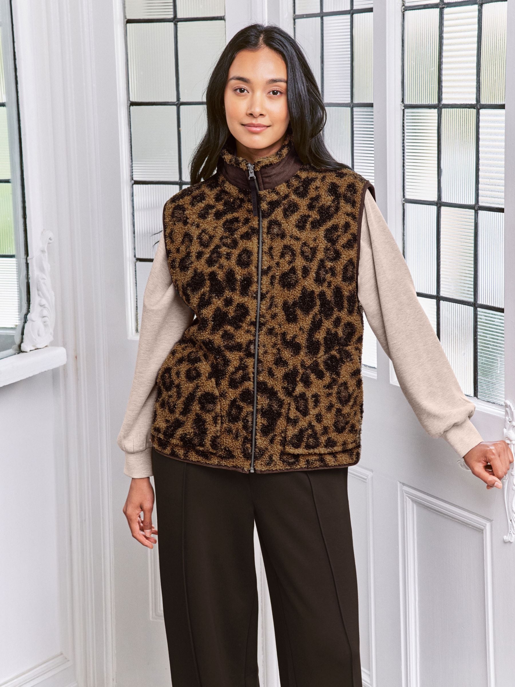 Buy Chelsea Peers Brown Borg Fleece Leopard Print Reversible Gilet