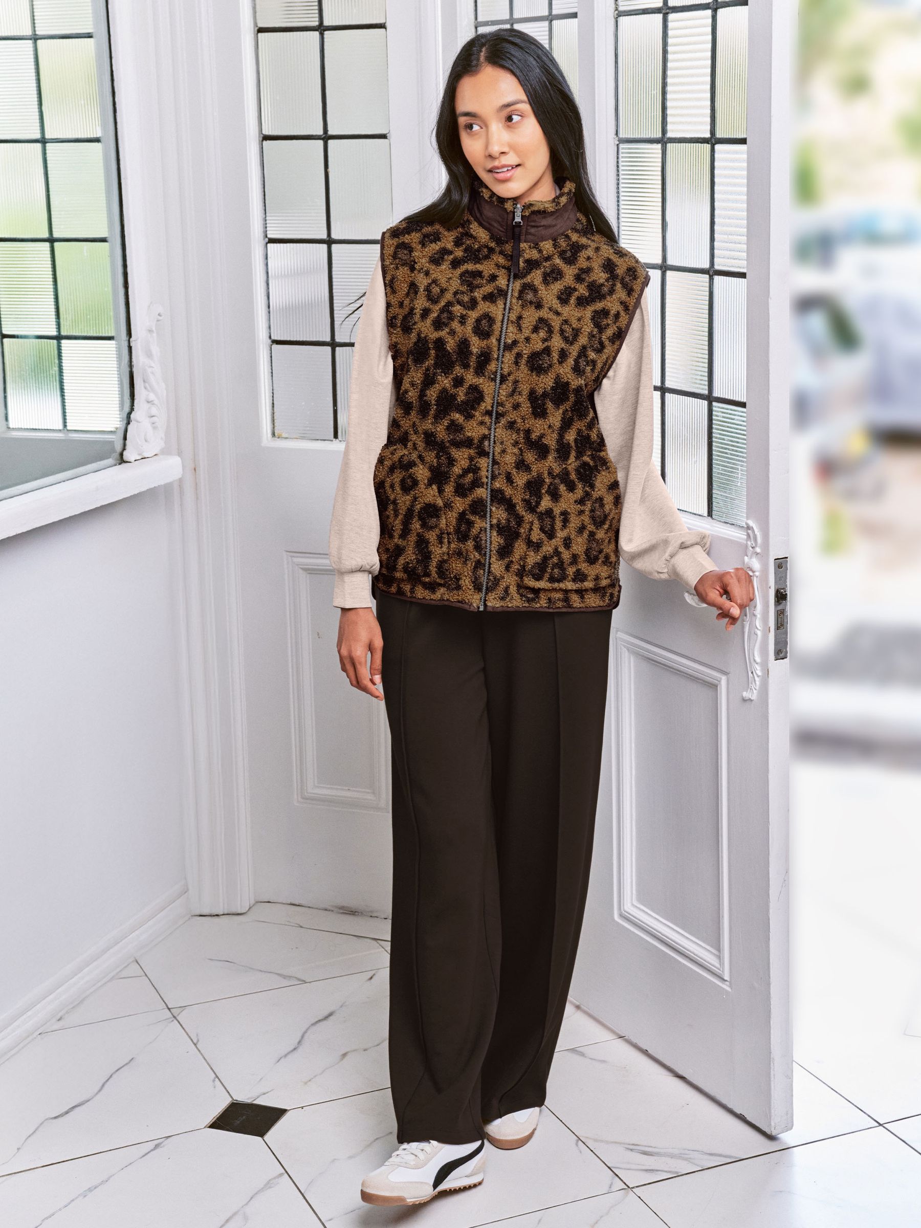 Buy Chelsea Peers Brown Borg Fleece Leopard Print Reversible Gilet