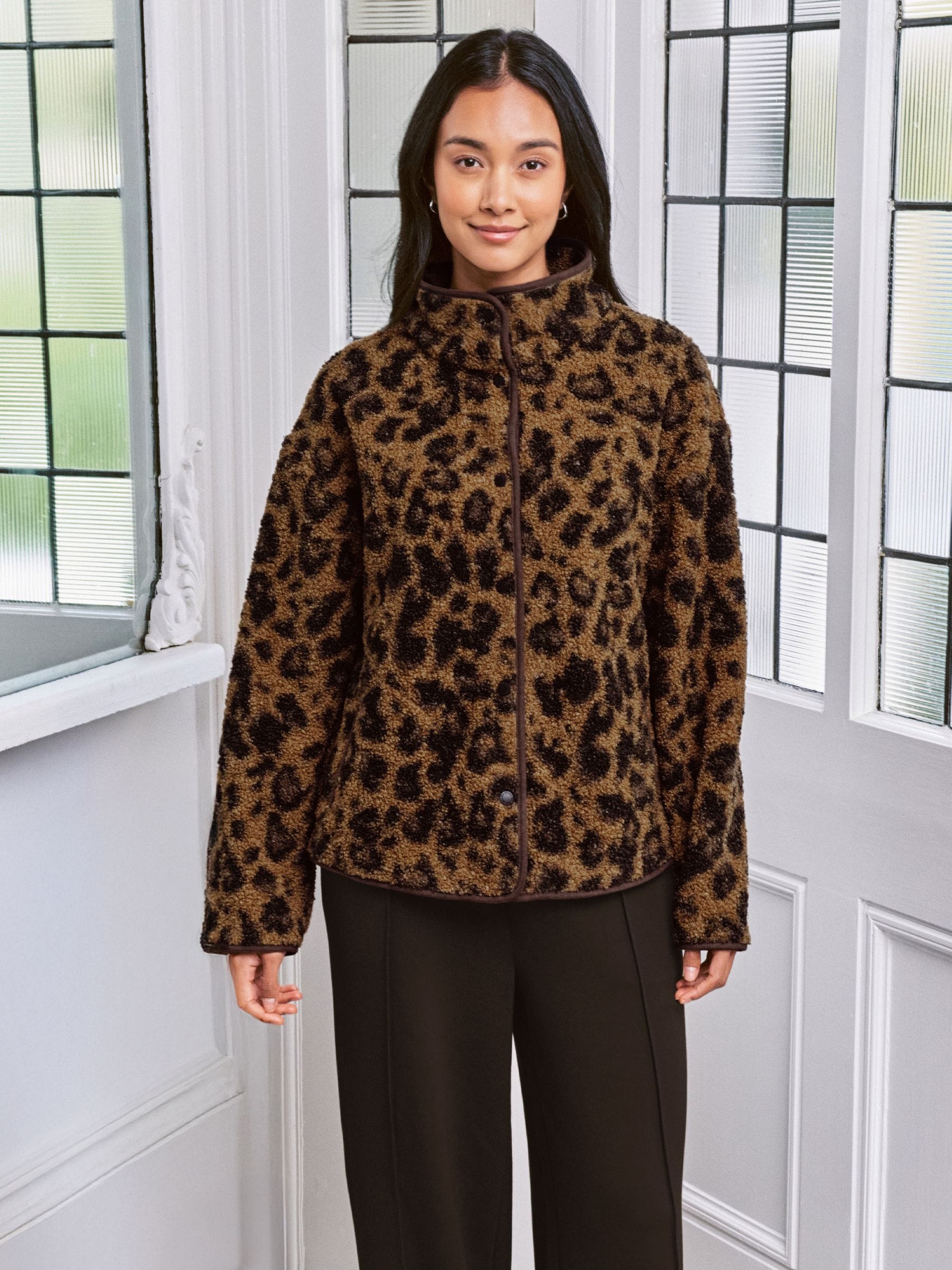 Buy Chelsea Peers Brown Borg Fleece Leopard Print Jacket from the