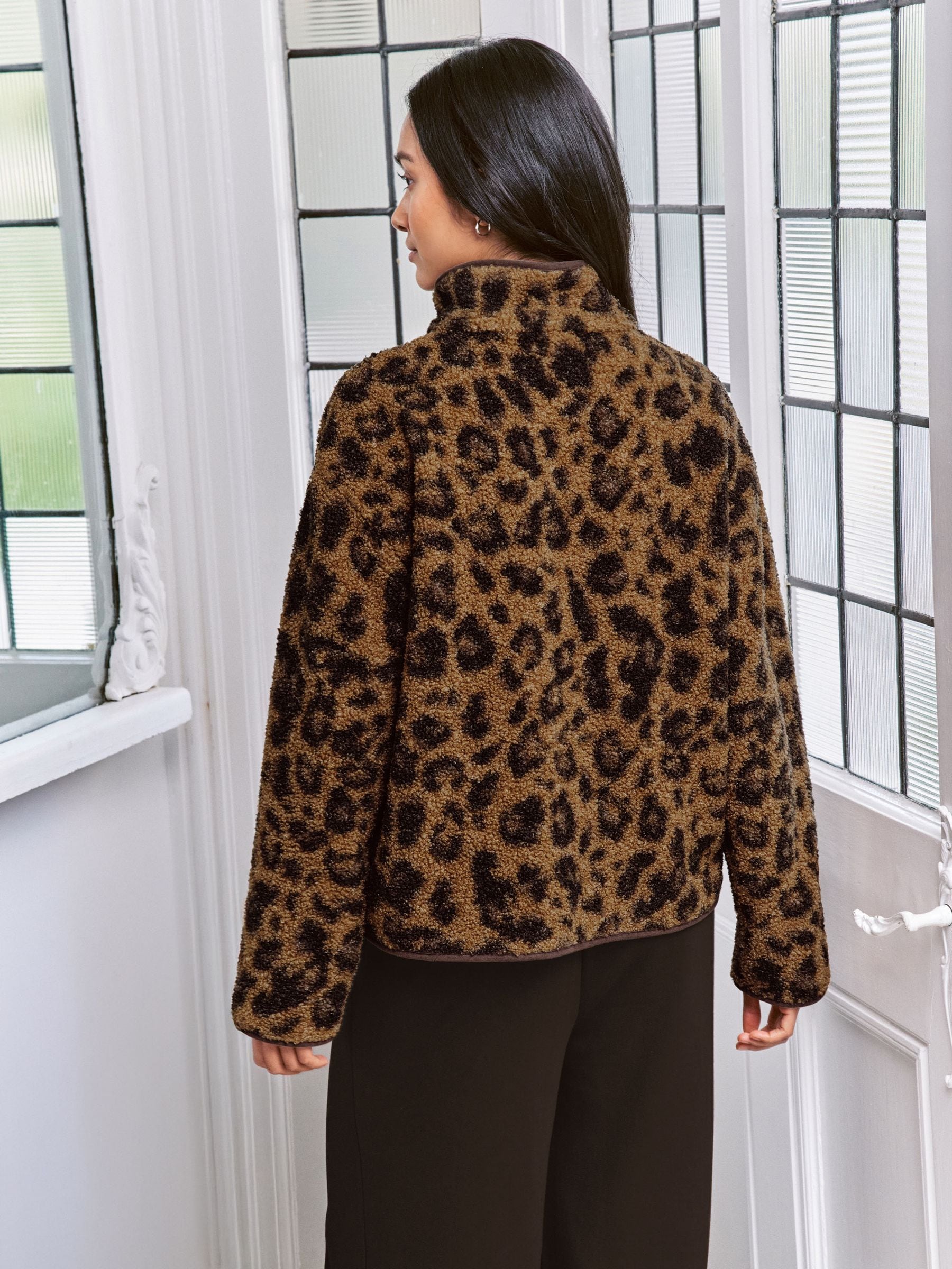 Buy Chelsea Peers Brown Borg Fleece Leopard Print Jacket from the