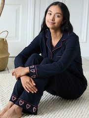 Chelsea Peers Blue Cotton Embroidered Christmas Candy Cane Heart Long Pyjamas Set - Image 2 of 6
