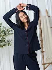 Chelsea Peers Blue Cotton Embroidered Christmas Candy Cane Heart Long Pyjamas Set - Image 3 of 6