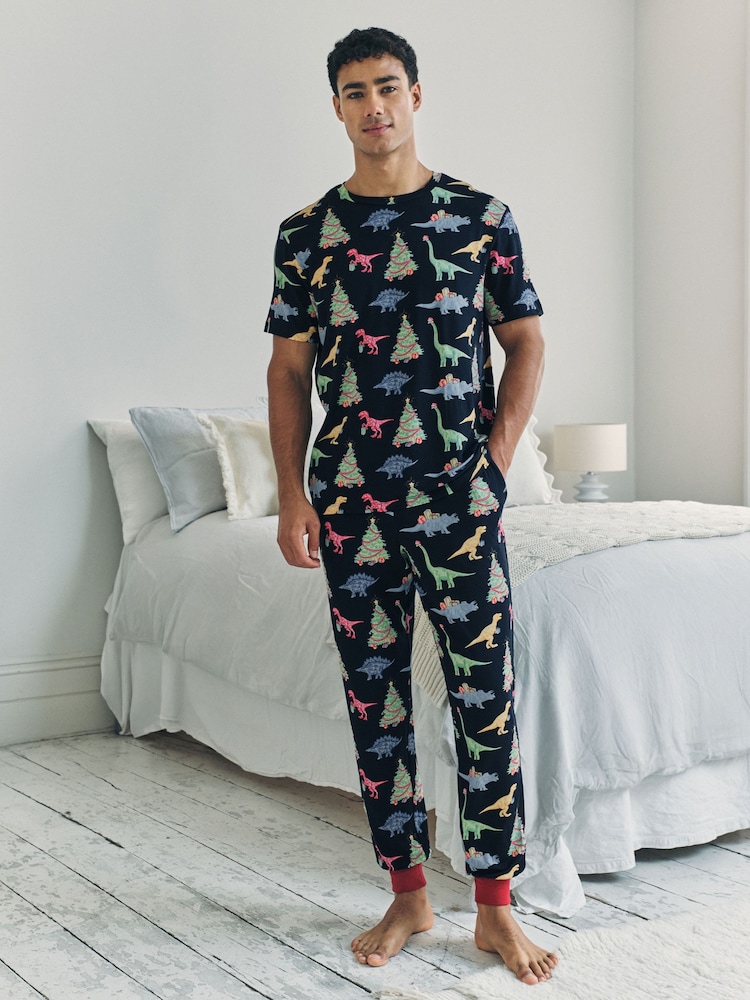 Chelsea Peers Blue Christmas Dinosaur Print Long Pyjamas Set - Image 1 of 6 Chelsea Peers Blue Christmas Dinosaur Print Long Pyjamas Set - Image 1 of 6
