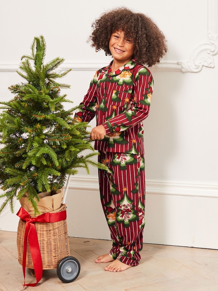 Chelsea Peers Red Cotton Christmas Tree Stripe Long Pyjamas Set - Image 1 of 4 Chelsea Peers Red Cotton Christmas Tree Stripe Long Pyjamas Set - Image 1 of 4