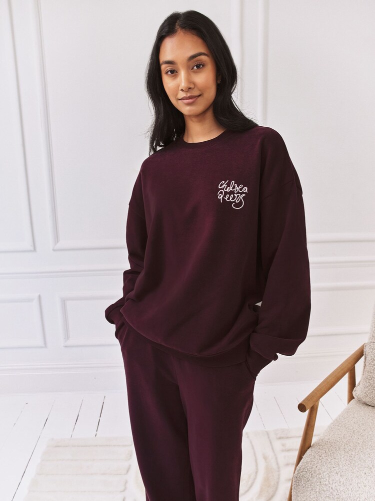 Chelsea Peers Red Embroidered Script Logo Sweatshirt - Image 1 of 6 Chelsea Peers Red Embroidered Script Logo Sweatshirt - Image 1 of 6