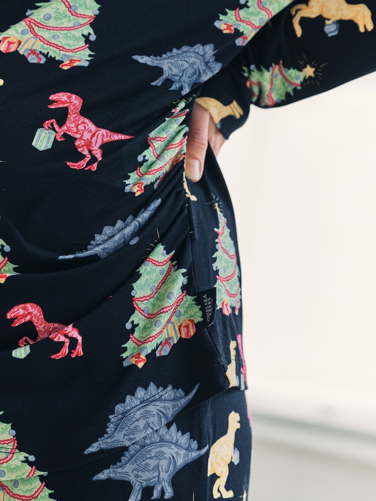 Chelsea Peers Blue Maternity Christmas Dinosaur Print Long Pyjamas Set - Image 5 of 5 Chelsea Peers Blue Maternity Christmas Dinosaur Print Long Pyjamas Set - Image 5 of 5