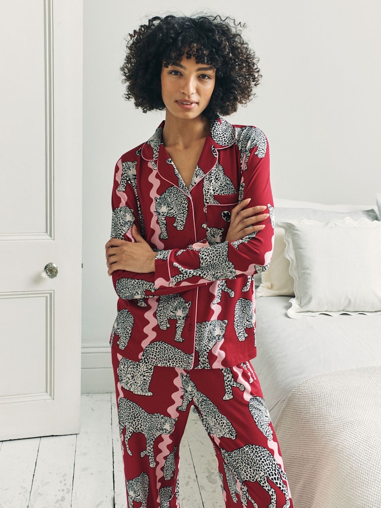 Chelsea Peers Red Snow Leopard Wavy Stripe Print Long Pyjamas Set - Image 2 of 8 Chelsea Peers Red Snow Leopard Wavy Stripe Print Long Pyjamas Set - Image 2 of 8