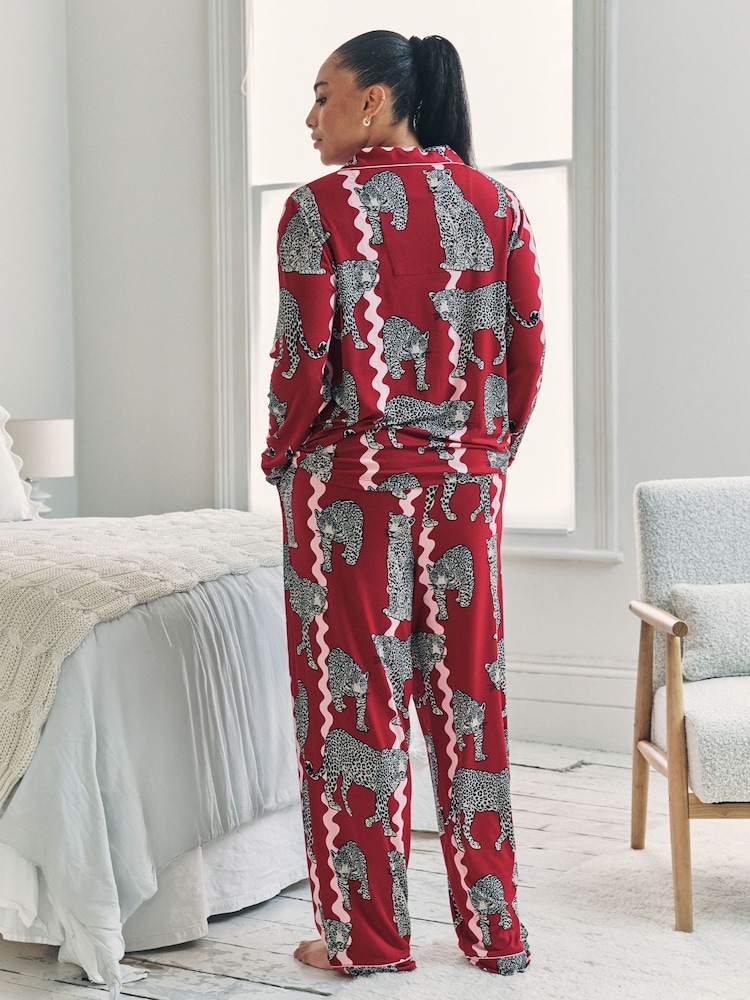 Chelsea Peers Red Snow Leopard Wavy Stripe Print Long Pyjamas Set - Image 8 of 8 Chelsea Peers Red Snow Leopard Wavy Stripe Print Long Pyjamas Set - Image 8 of 8