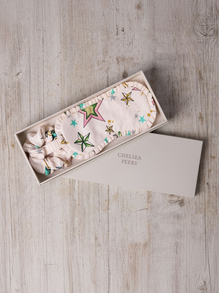 Chelsea Peers Natural Cotton Star Print Sleep Mask & Scrunchie Set - Image 1 of 4 Chelsea Peers Natural Cotton Star Print Sleep Mask & Scrunchie Set - Image 1 of 4