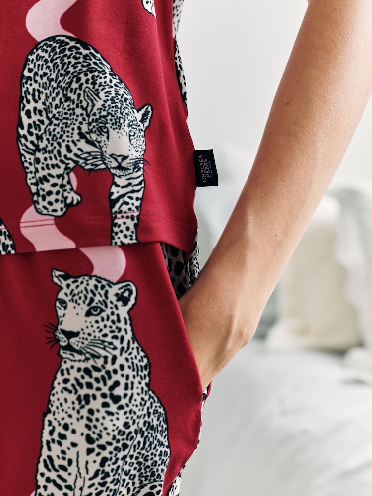 Chelsea Peers Red Snow Leopard Wavy Stripe Print Short Pyjamas Set - Image 6 of 6 Chelsea Peers Red Snow Leopard Wavy Stripe Print Short Pyjamas Set - Image 6 of 6