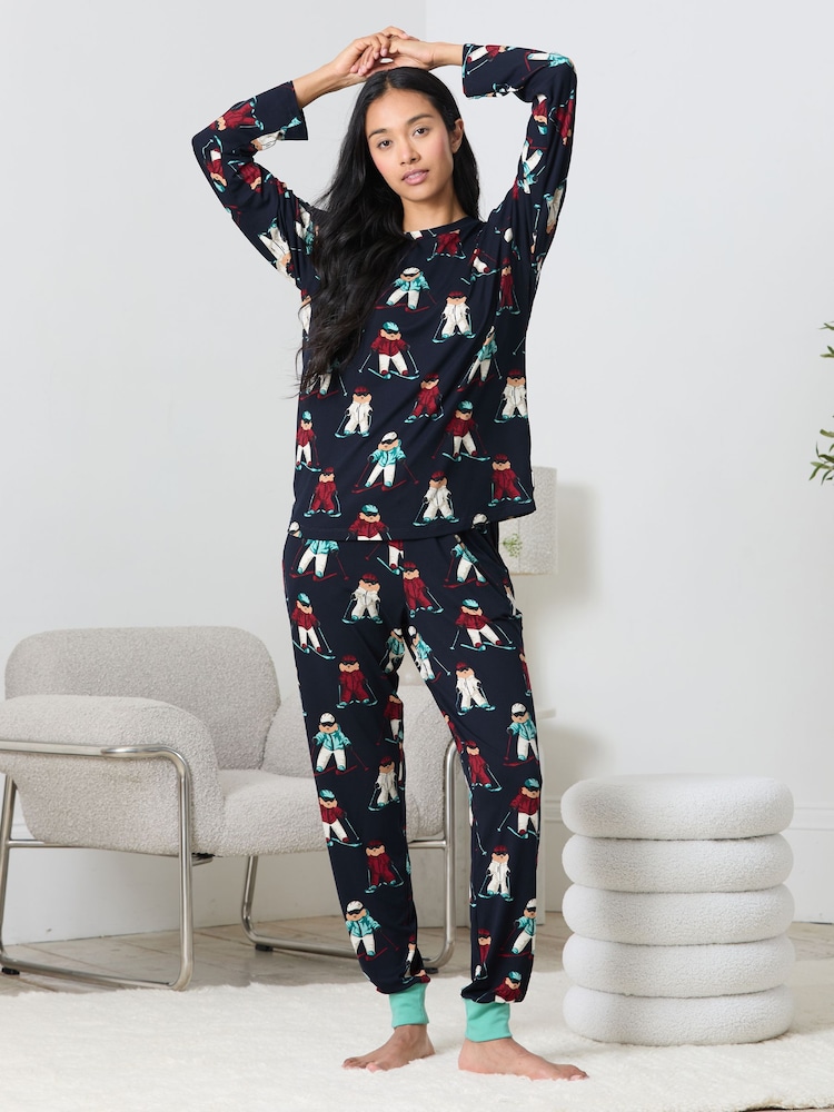 Chelsea Peers Blue Skiing Chip the Cockapoo Dog Print Long Pyjamas Set - Image 1 of 6 Chelsea Peers Blue Skiing Chip the Cockapoo Dog Print Long Pyjamas Set - Image 1 of 6