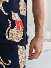 Chelsea Peers Blue Christmas Leopard Print Short Pyjamas Set - Image 7 of 7