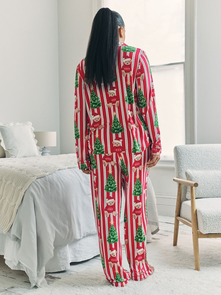Chelsea Peers Red Christmas Teddy Bear Stripe Print Long Pyjamas Set - Image 9 of 9