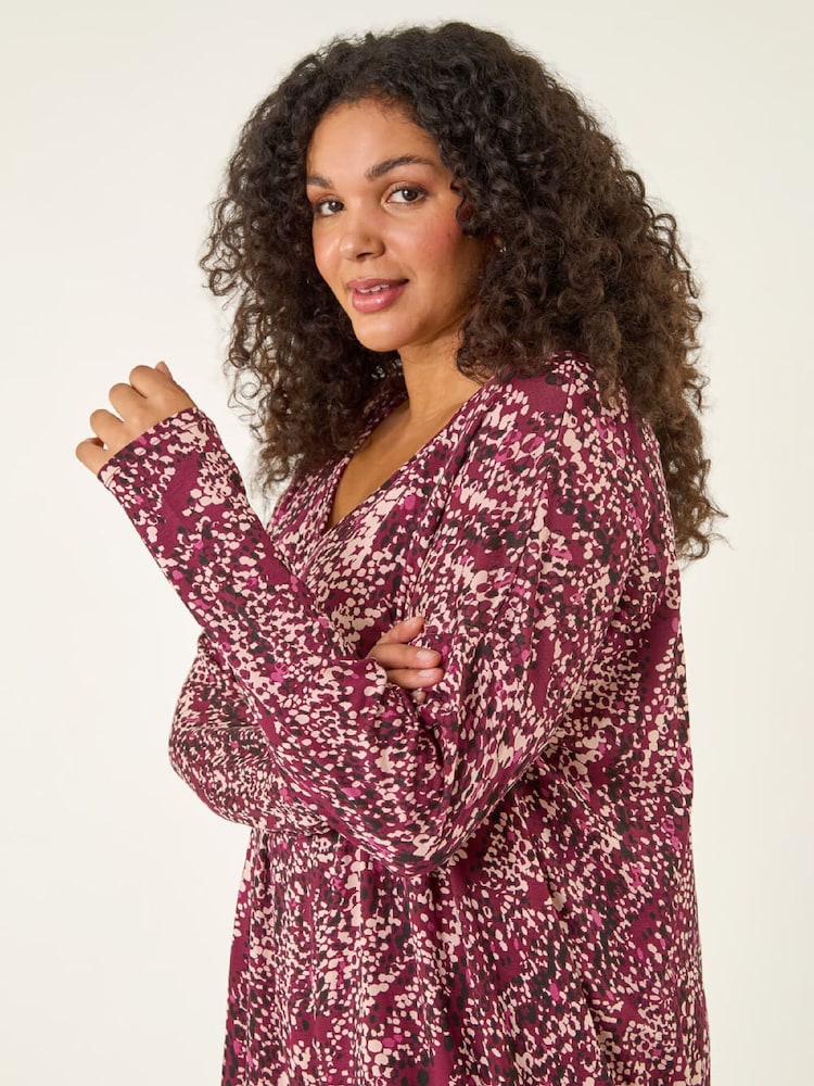 Roman Red Curve Spot Print V-Neck Stretch Tunic Top - Image 1 of 5 Roman Red Curve Spot Print V-Neck Stretch Tunic Top - Image 1 of 5