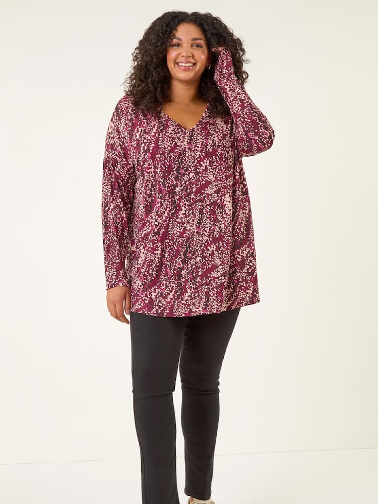 Roman Red Curve Spot Print V-Neck Stretch Tunic Top - Image 2 of 5 Roman Red Curve Spot Print V-Neck Stretch Tunic Top - Image 2 of 5