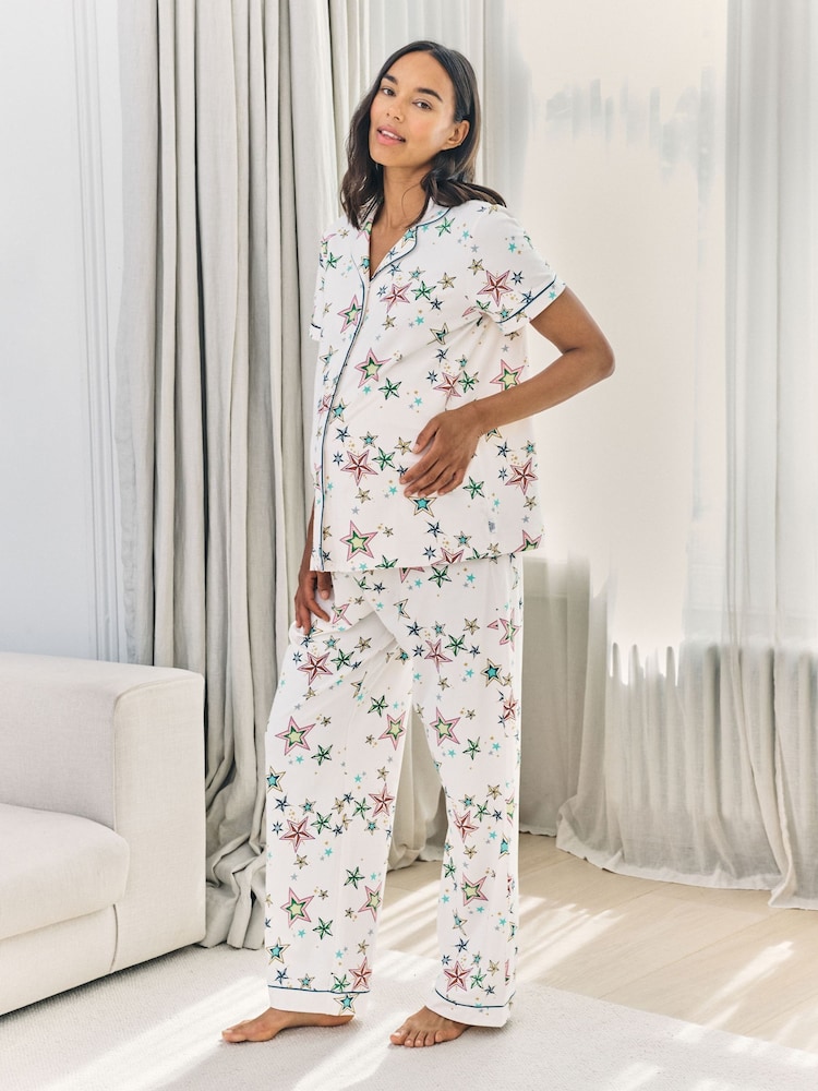 Chelsea Peers Off White Maternity Cotton Star Print Long Pyjamas Set - Image 1 of 6 Chelsea Peers Off White Maternity Cotton Star Print Long Pyjamas Set - Image 1 of 6