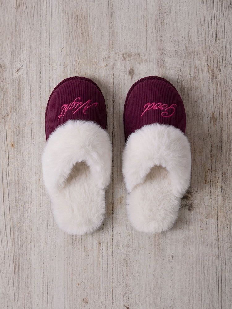 Chelsea Peers Pink Corduroy Embroidered Good Night Mule Slippers - Image 1 of 5 Chelsea Peers Pink Corduroy Embroidered Good Night Mule Slippers - Image 1 of 5