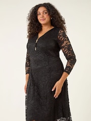 Roman Black Curve Zip Front Lace Midi Dress - Image 1 of 5