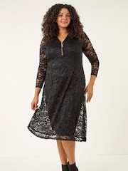 Roman Black Curve Zip Front Lace Midi Dress - Image 2 of 5