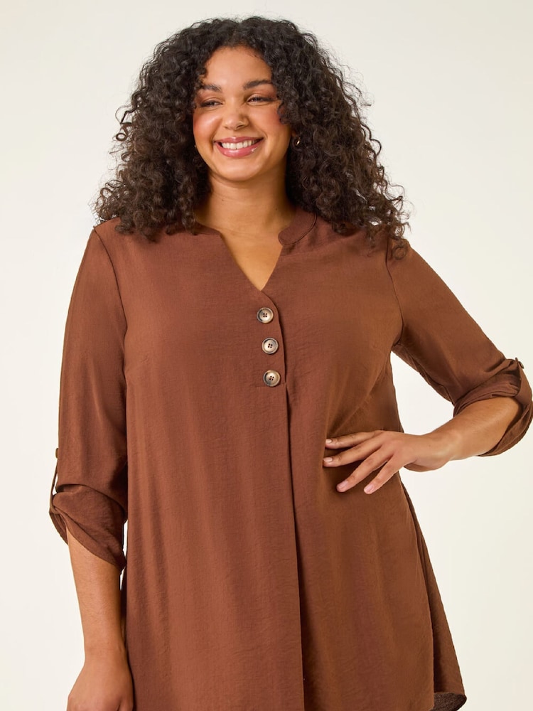 Roman Brown Curve Button Detail Tunic Top - Image 1 of 5 Roman Brown Curve Button Detail Tunic Top - Image 1 of 5