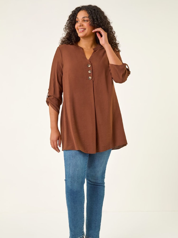 Roman Brown Curve Button Detail Tunic Top - Image 2 of 5 Roman Brown Curve Button Detail Tunic Top - Image 2 of 5