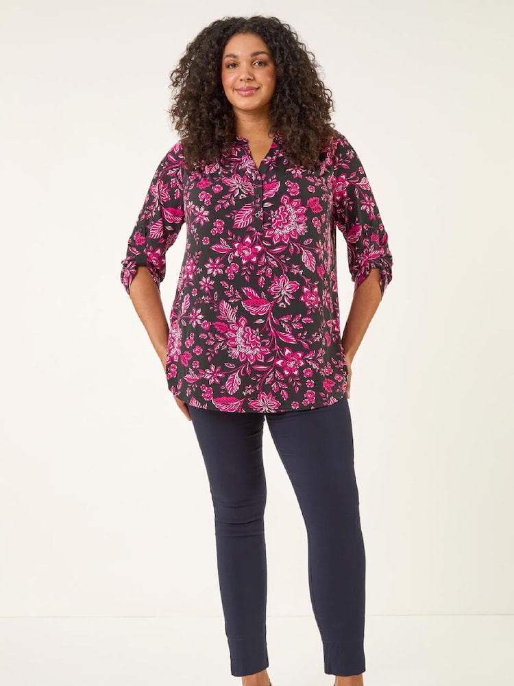 Roman Black Curve Textured Floral Print Shirt - Image 2 of 5