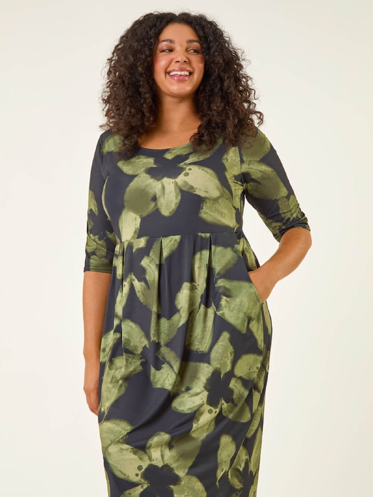 Roman Green Curve Floral Print Pocket Stretch Dress - Image 1 of 5 Roman Green Curve Floral Print Pocket Stretch Dress - Image 1 of 5