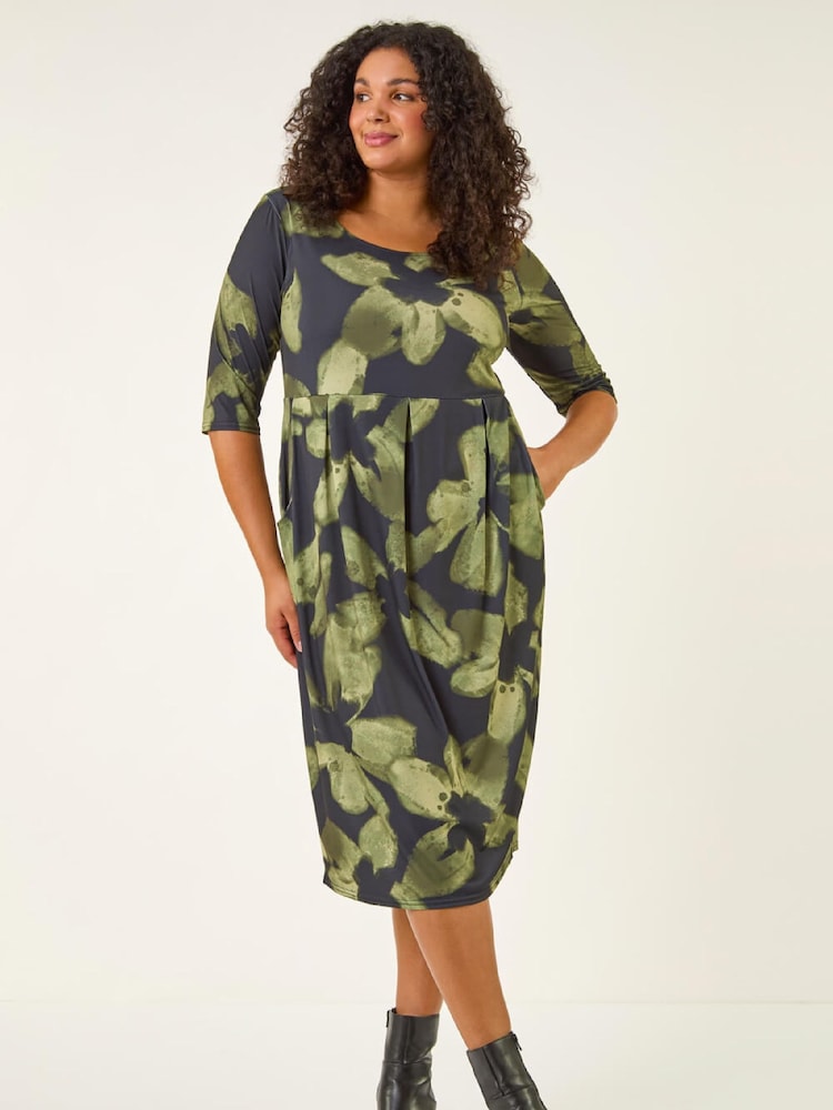 Roman Green Curve Floral Print Pocket Stretch Dress - Image 2 of 5 Roman Green Curve Floral Print Pocket Stretch Dress - Image 2 of 5