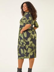 Roman Green Curve Floral Print Pocket Stretch Dress - Image 3 of 5
