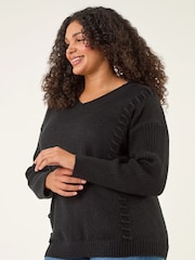 Roman Black Curve Stitch V-Neck Knit Jumper - Image 1 of 5